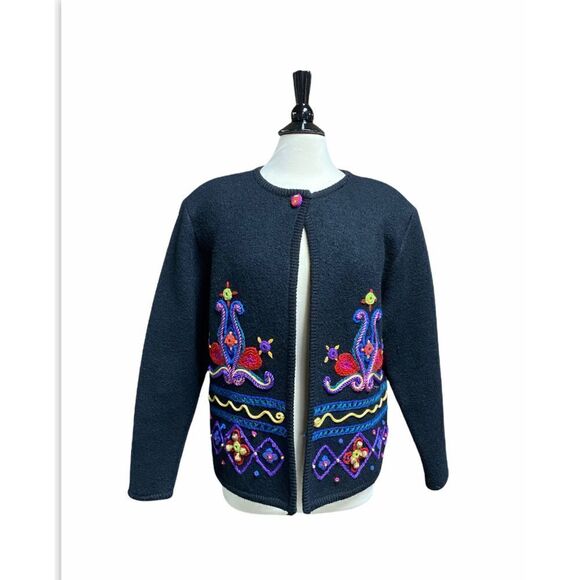 Doncaster Sport Vintage Black Embroidered Wool Cardigan Sweater - Picture 2 of 5